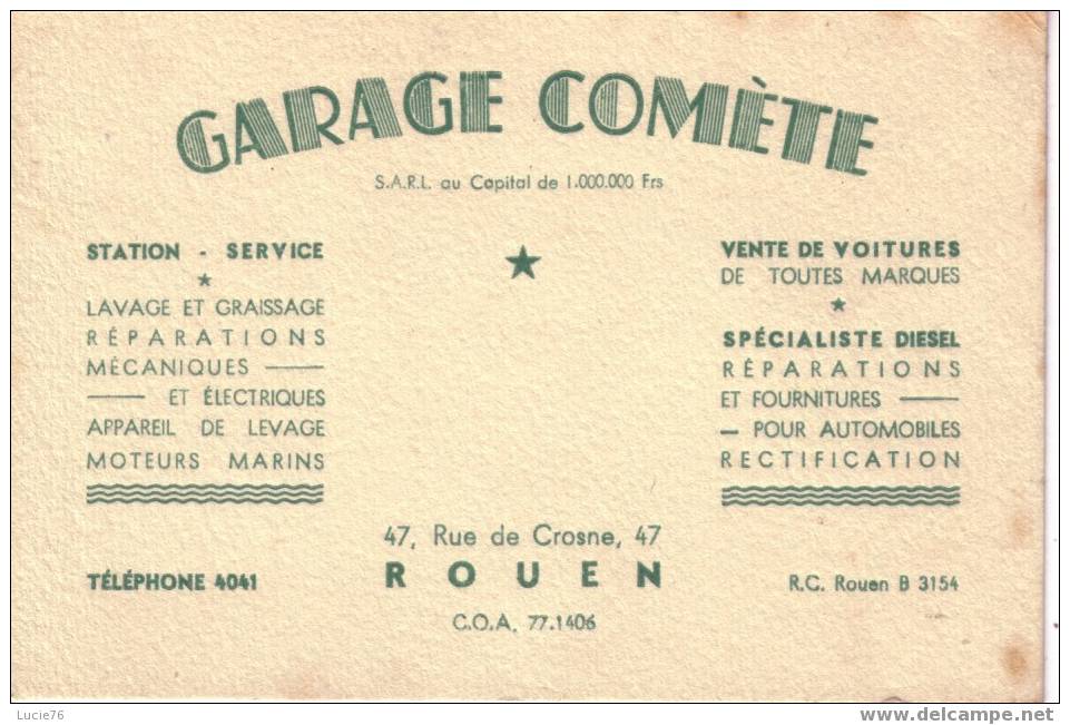 CARTONNETTE  -  ROUEN -  Carton Commercial  Du GARAGE  "COMETE"  47, Rue De CROSNE - Other & Unclassified