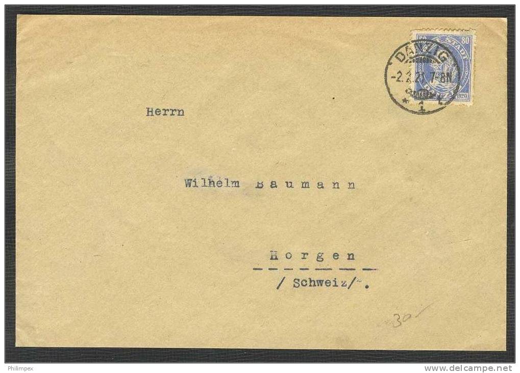 GERMANY, DANZIG 80 Pfennig ON COMMERCIAL COVER TO SWITZERLAND - Lettres & Documents