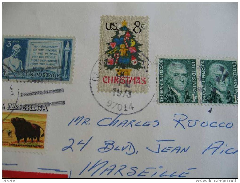 MARCOPHILIE LETTRE USA ETATS UNIS PORTLAND POUR MARSEILLE FRANCE 1973 + LABELS / VIGNETTES AU VERSO - Storia Postale