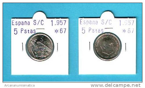 FRANCO ESTADO ESPAÑOL  5  PESETAS 1957 # 67 Km#786  Cu-Ni SC/UNC       DL-2034 - 5 Pesetas