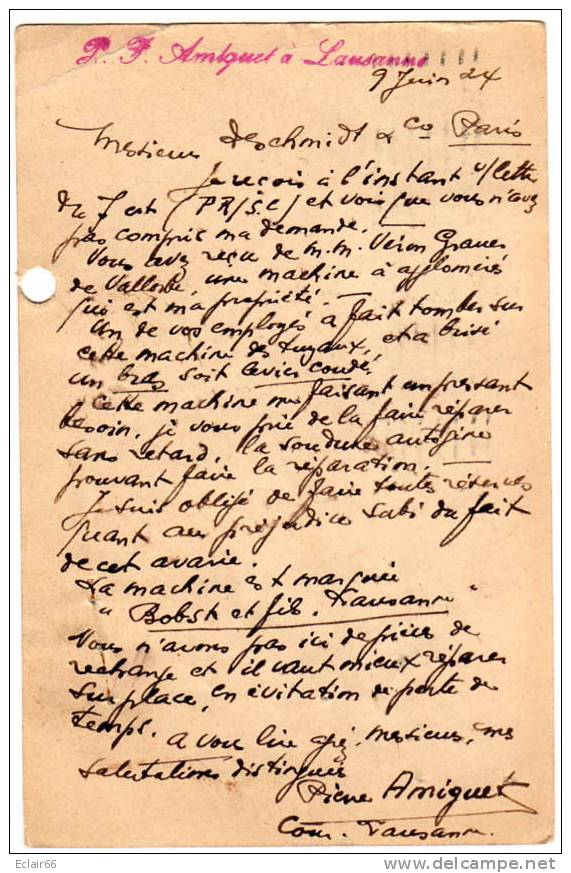 LAUSANNES  La CLOSERIE Avene De Dontigny Lettre Carte De Pierre AMIGUET A Mre SCHMIT Paris Année 1924 - Perfin
