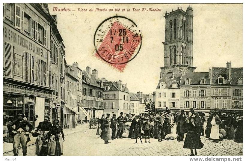 78-MANTES- PLACE Du MARCHE Au BLE Et La TOUR ST. MACLOU-COMMERCE EPICERIE MODERNE-BELLE ANIMATION- - Mantes La Ville