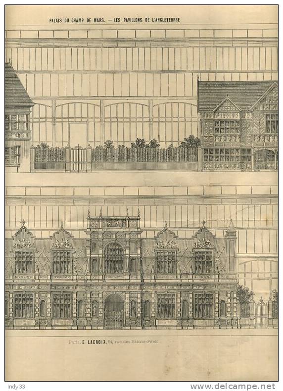 - PALAIS DU CHAMP DE MARS . LES PAVILLONS DE L´ANGLETERRE   . GRAVURE DE L´EXPOSITION DE PARIS DE 1878 - Architectuur