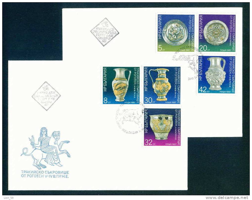 FDC 3580 Bulgaria 1987 / 6 Rogozen Thracian Treasure /WARRIORS ON HORSEBACK DUELING PITCHER ( NOT GILDED) WINGED HORSES - FDC