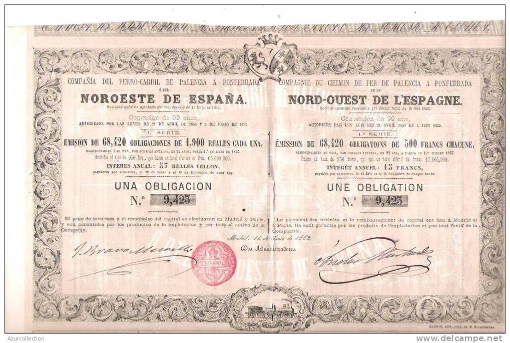 CHEMIN DE FER NORD OUEST DE L´ESPAGNE .1862 - Railway & Tramway