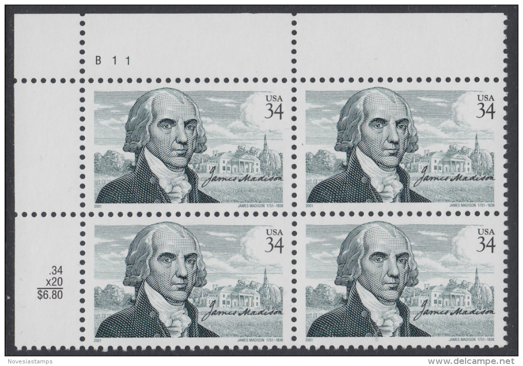 !a! USA Sc# 3545 MNH PLATEBLOCK (UL/B11/a) - James Madison - Neufs