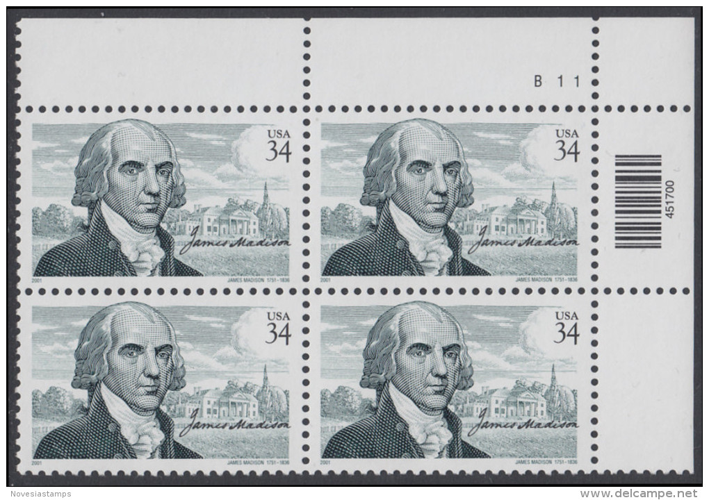 !a! USA Sc# 3545 MNH PLATEBLOCK (UR/B11/a) - James Madison - Neufs