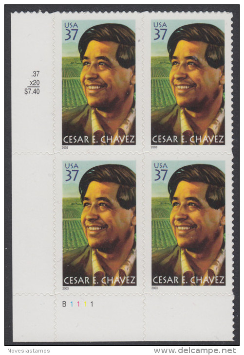 !a! USA Sc# 3781 MNH PLATEBLOCK (LL/B1111) - Cesar E. Chavez - Neufs