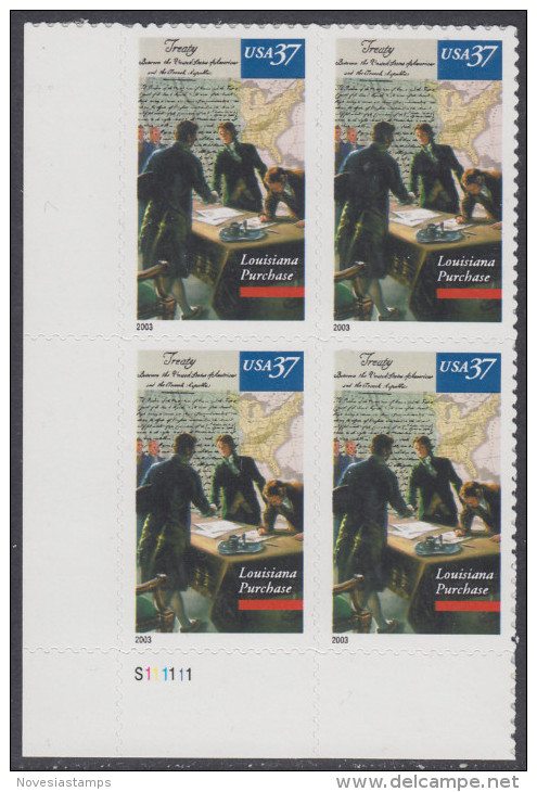 !a! USA Sc# 3782 MNH PLATEBLOCK (LL/S111111/a) - Louisiana Purchase - Neufs