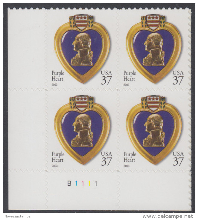 !a! USA Sc# 3784 MNH PLATEBLOCK (LL/B1111) - Purple Heart - Neufs