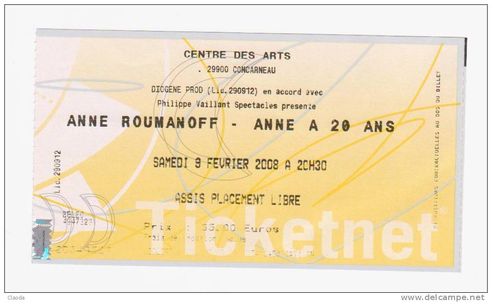 90 NC Ticket Spectacle ANNE ROMANOFF (Anne A 20 Ans) Concarneau 02-2008 - Concert Tickets
