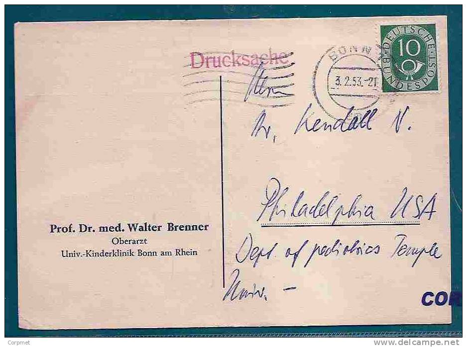 GERMANY - VF 1953 CARD From BONN To PHILADELPHIA - Solo With Yvert # 14 - Briefe U. Dokumente