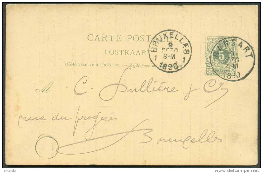 E.P. Carte 5 Centimes Vert, Obl. Sc RANSART 9 Octobre 1890 Vers Bruxelles.  Repiquage Houillère Unies Appaumée - 3007 - Briefkaarten 1871-1909