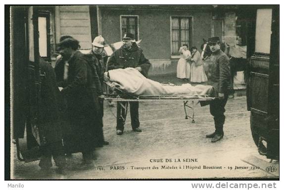 CRUE De La SEINE -Paris- Transport Des Malades à L'Hopital BOUCICAUT 29/1/1910 - Ambulances-pompiers-police-militaire GP - Überschwemmungen