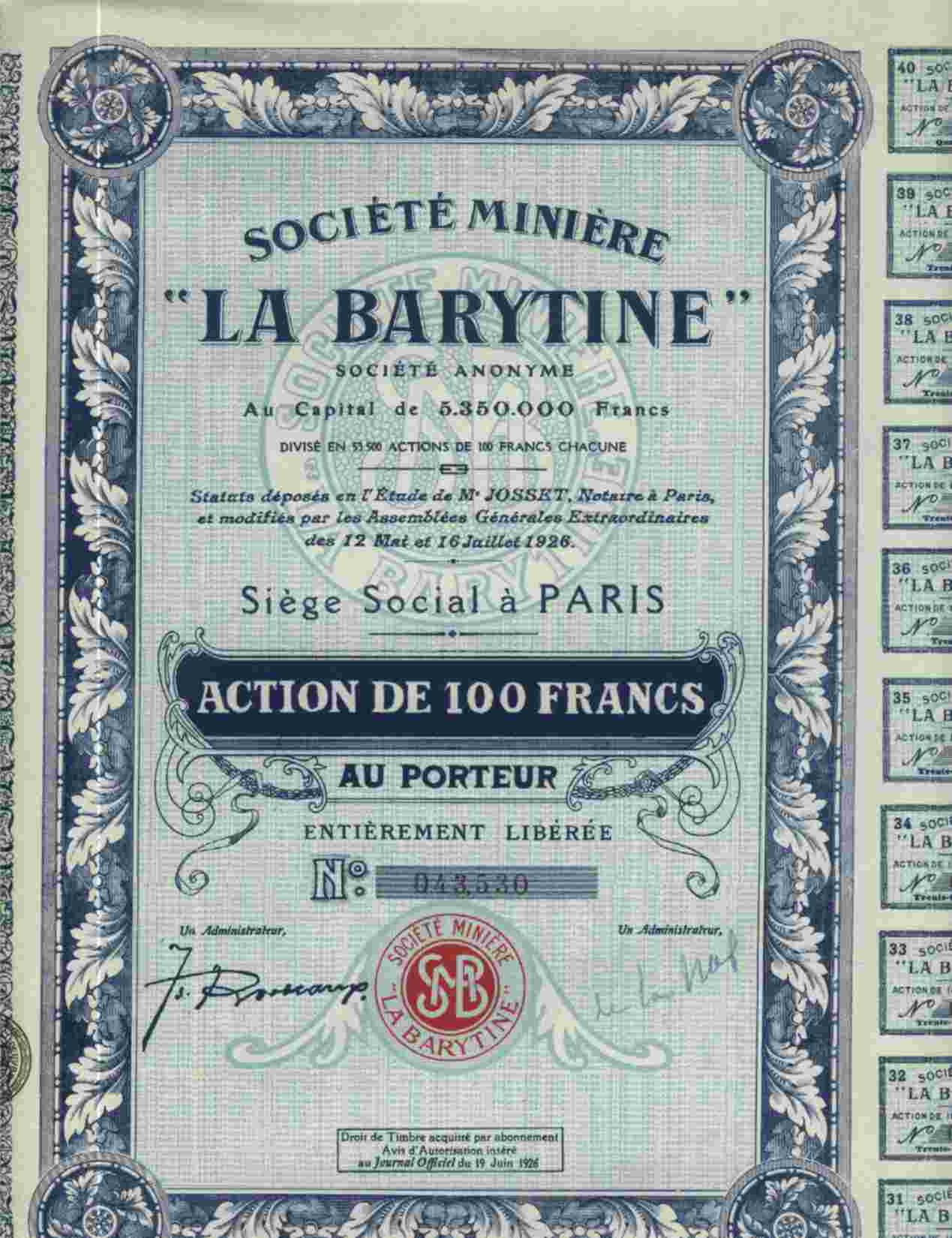 DECO : STE MINIERE  " LA BARYTINE " - Mines