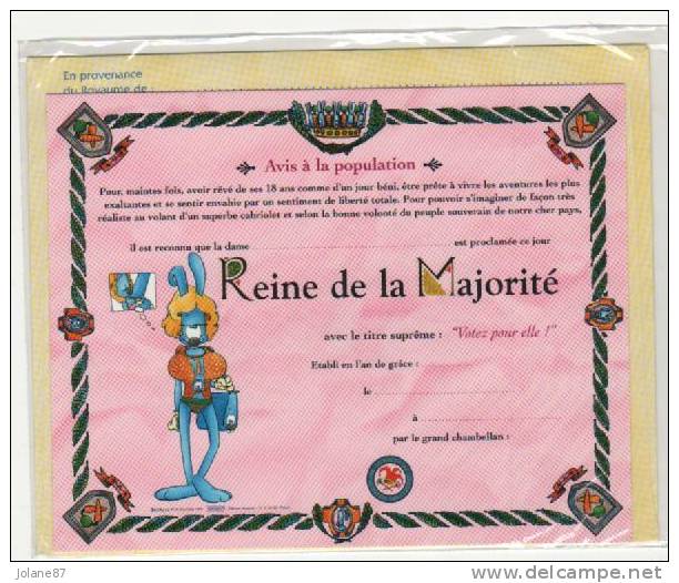 CARTE AVEC ENVELOPPE -  DIPLOME A DECERNER : REINE DE LA MAJORITE -    LAPIN STANLEY   ILLUSTR.  DAN SALEL - Otros & Sin Clasificación