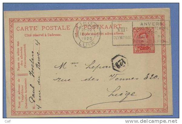 Entier Met Mekanische Vlagstempel OLYMPIADE 1920 ANVERS Van LIEGE - Sommer 1920: Antwerpen