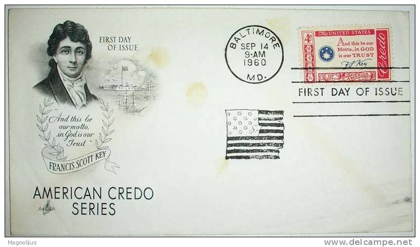 United States,Letter,Francis Scott Key,History,Person,Cover,American Credo,Stamp,FDC - 1951-1960