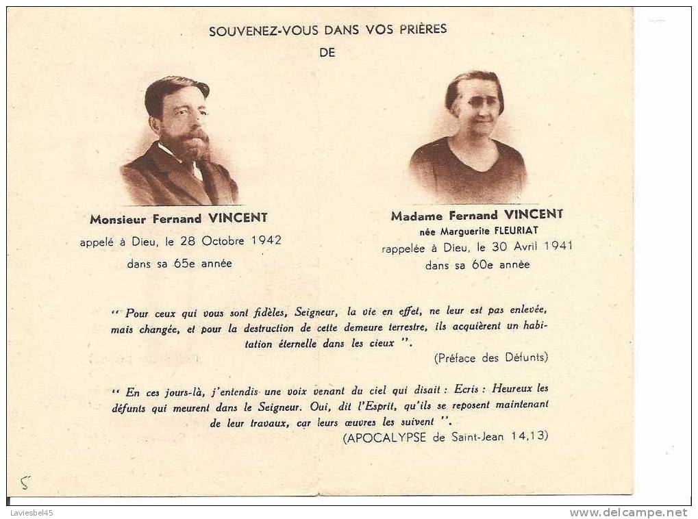 FERNAND VINCENT ET MARGUERITE  FLEURIAT . ANNEE 1941 ET 1942 Requiem Asternam Dona - Andere & Zonder Classificatie