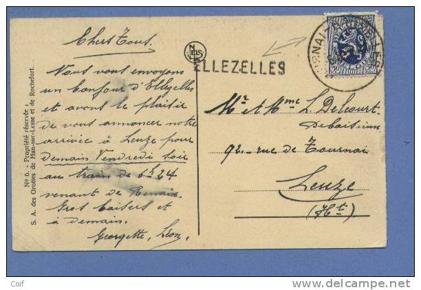 285 Op Kaart Met Treinstempel TOURNAI-BRUXELLES Met Naamstempel (Griffe) ELLEZELLES - 1929-1937 Heraldischer Löwe