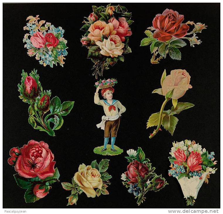 10 Grands Découpis Anciens - 9 Fleurs Et 1 Enfant - DIE-CUT - Fleurs