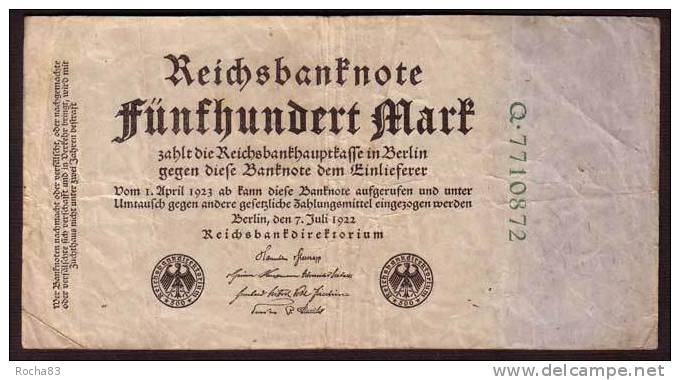 BILLETS ALLEMAGNE - Reichsbankdirektorium - 500 Mark - Du 07 07 1922 - Pick 74b - 500 Mark