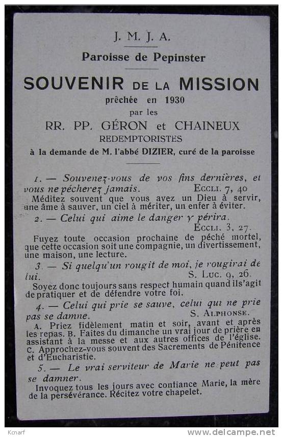 Faire-parts De Mission De PEPINSTER En 1930 De Géron & Chaineux . - Andere & Zonder Classificatie