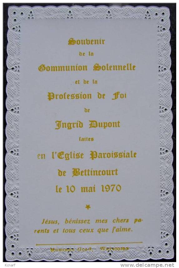 Faire-parts De Communion De BETTINCOURT En 1970 De INGRID DUPONT , Imprimé à WAREMME . - Andere & Zonder Classificatie