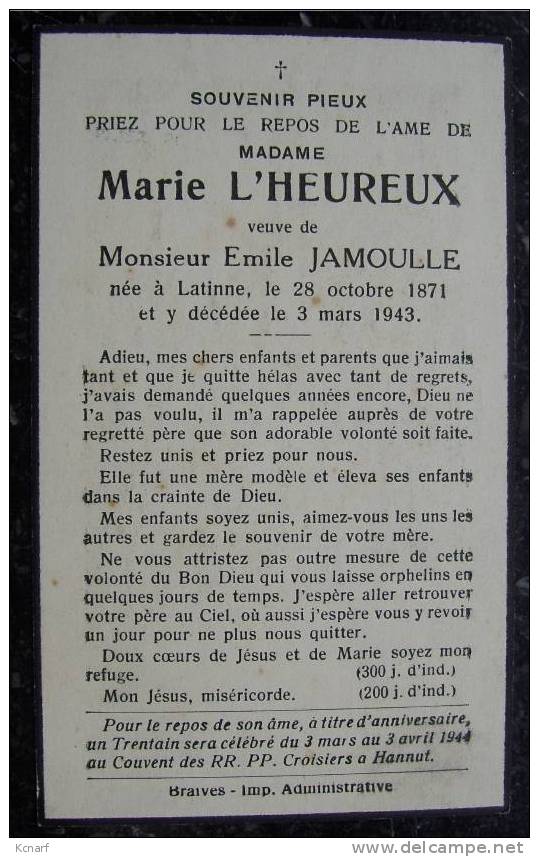 Faire-parts De Décès De LATINNE En 1943 De MARIE LHEUREUX , Imprimé à BRAIVES . - Andere & Zonder Classificatie