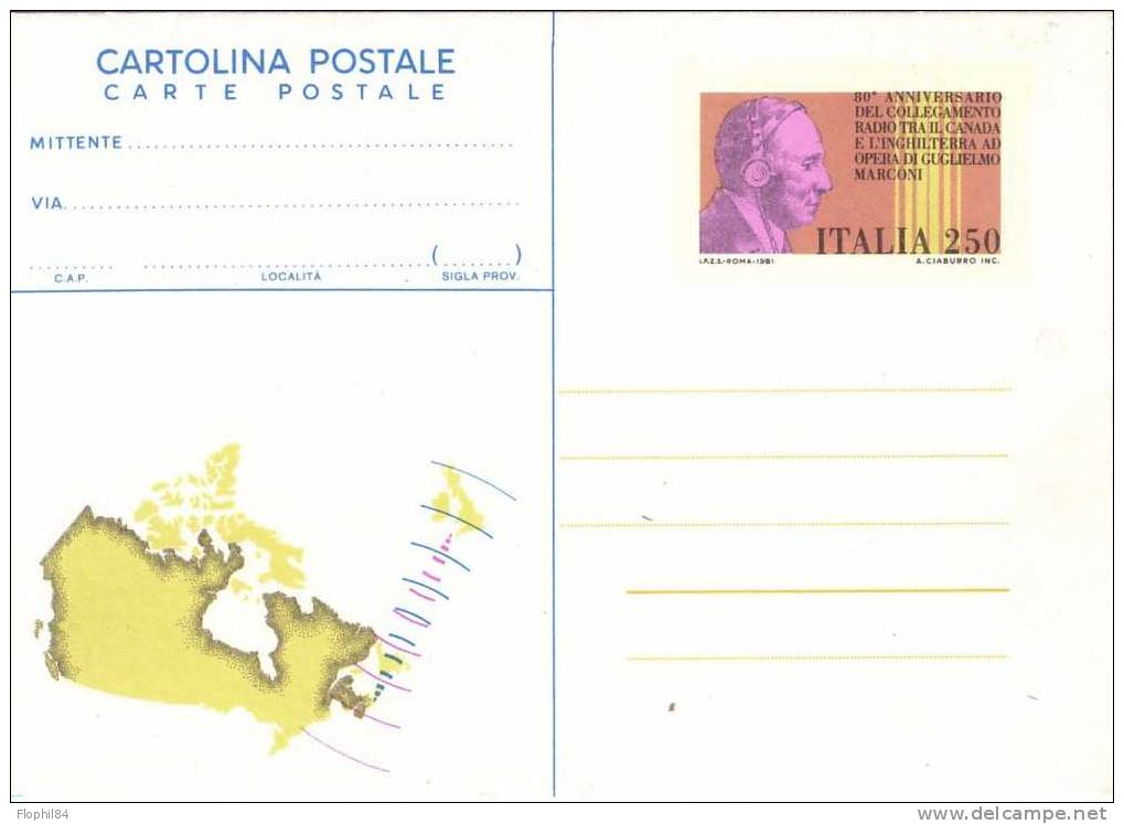 ITALIE-ENTIER POSTAL NEUF-ILLUSTREE ANNIVERSAIRE LIAISON RADIO CANADA GB PAR MARCONI - Ganzsachen