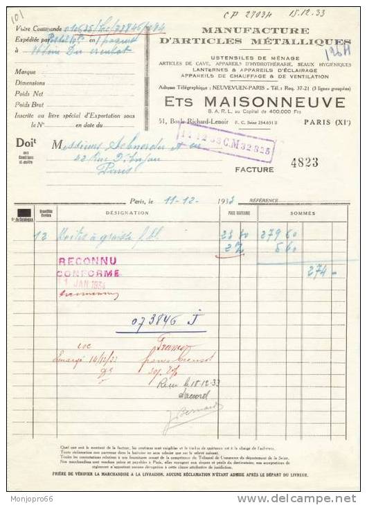 Facture Des Etablissements MAISONNEUVE De Paris Et De 1933 - Chemist's (drugstore) & Perfumery