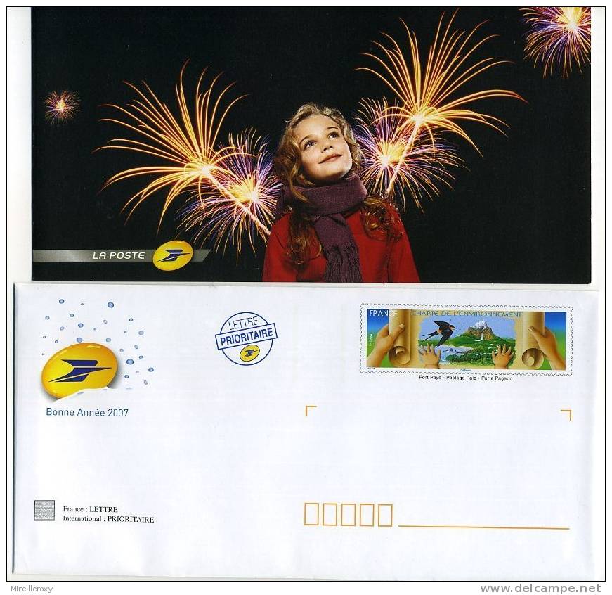 ENTIER POSTAL / PAP / BONNE ANNEE 2007 VOEUX DU FACTEUR CHARTE DE L´ENVIRONNEMENT MAIN OISEAU GLACIER FEU D´ARTIFICE - Neujahr