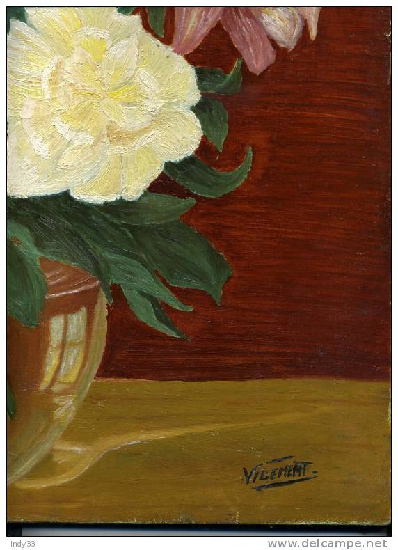 - BOUQUET DE FLEURS DANS UN VASE EN VERRE . HUILE SUR TOILE SIGNEE - Huiles