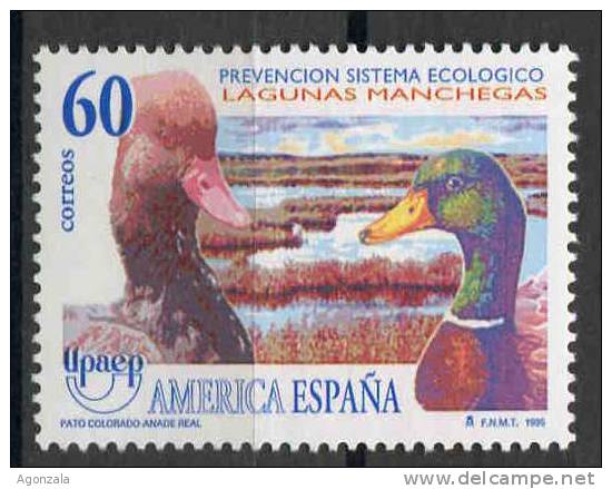 TIMBRE ESPAGNE NOUVEAU 1995 PRÉVENTION SYSTÈME ÉCOLOGIQUE LACUNES DE LA MANCHA - HABITAT CANARDS - UPAEP L´AMÉRIQUE EURO - Ducks