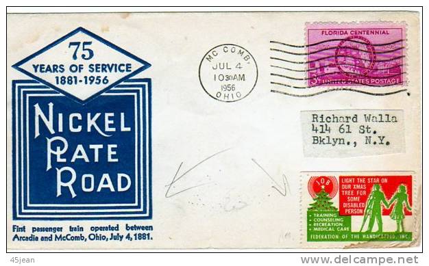 U.S.A: 1956 Lettre 75 Ans De La Nickel Plate Road, Avec Y&T N°478 Et Vignette Fédération Des Handicapés - Brieven En Documenten