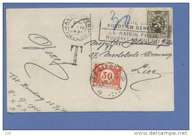 280 Op Kaart Met Stempel ANTWERPEN, Getaxeerd Met TX 35 Met Stempel LIER / LIERRE - 1929-1937 Heraldischer Löwe