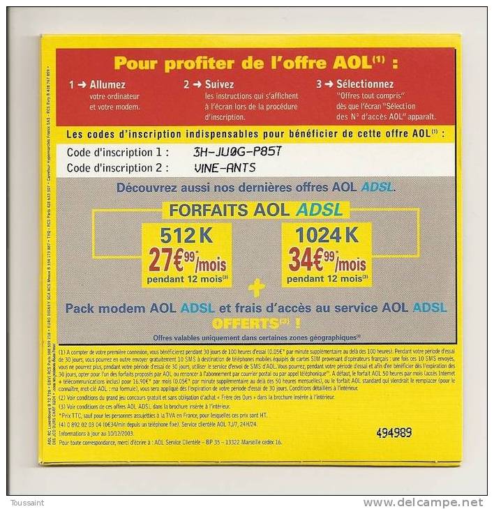 AOL: 100 Heures D´ Essai + 10 SMS, Carrefour, Grand Jeu Concours Frère Des Ours (08-1674) - Internetaansluiting