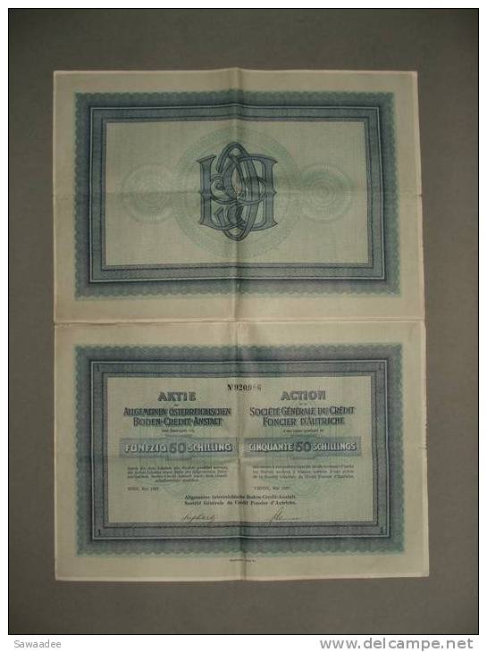 ACTION - BON D´ACTION - 50 SCHILLINGS - SOCIETE GENERALE DU CREDIT FONCIER D´AUTRICHE - 1926 - Bank En Verzekering