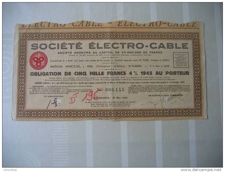 ACTION & TITRE PERIME:"SOCIETE ELECTRO CABLE  15 MAI 1945 PARIS - Elektrizität & Gas