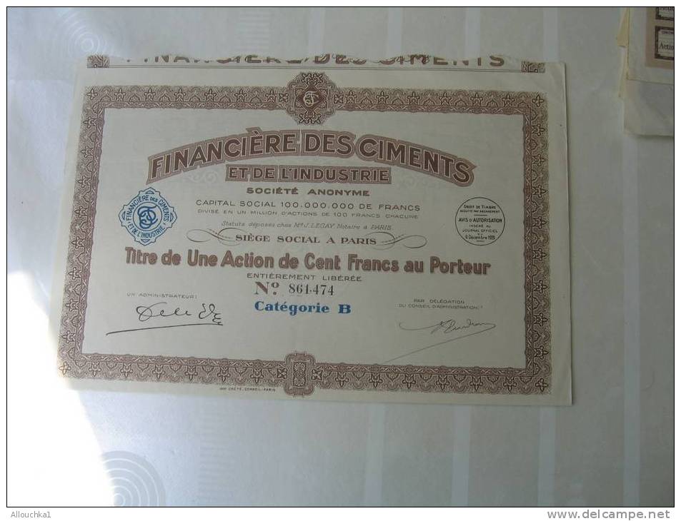 1929 ACTION & TITRE"SCRIPOHILIE"FINANCIERE DES CIMENTS & DE L' INDUSTRIE " THEME DE LA MINE " SIEGE A PARIS - Mines