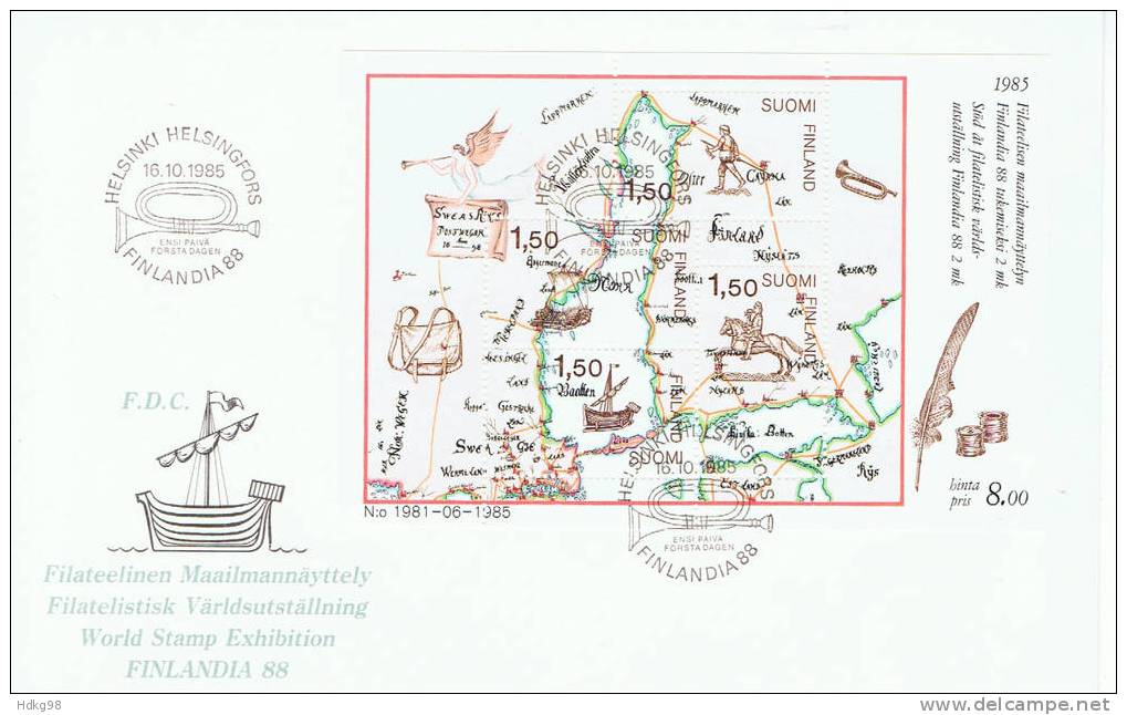 FIN Finnland 1985 Mi 973-76 Bl. 1 FDC Postroutenkarte - Gebraucht