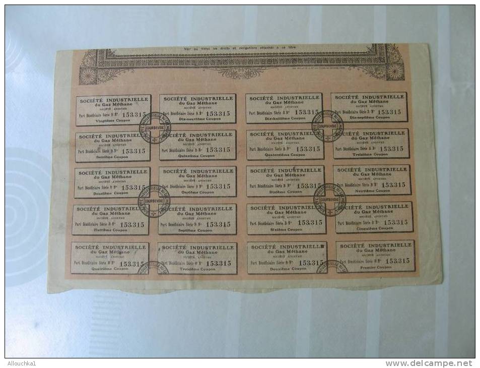 1909 TITRE & ACTION "SCRIPOPHILIE"STE INDUSTRIELLE DU GAZ METHANE  ETAB/ HELLA   "THEME DE LA MINE " COURBEVOIE 92 - Mines