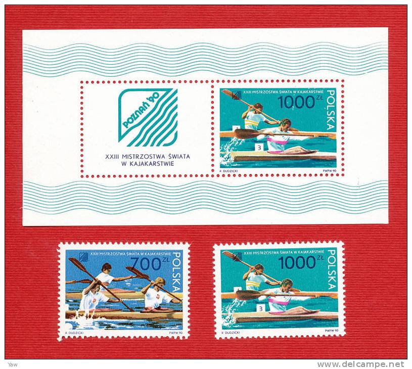 POLONIA  1990  CAMPIONATI DEL MONDO DI CANOA - KAYAK, A POZNAN. BF YT 121 + 2  VALORI: FULL SERIE MNH** - Canoa