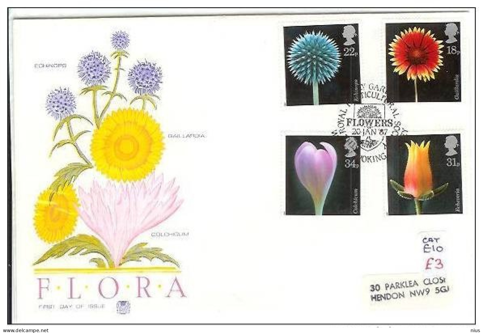 Great Britain 1987 FDC United Kingdom, England, Flora Flower Flowers Echinops, Gaillardia, Colchicum, Echeveria - 1981-1990 Dezimalausgaben