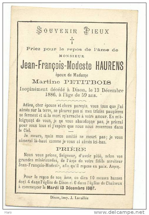 Faire-Part De Décès - DISON - Mr Modeste Haurens- 2 Pièces (grand Et Petit Modèle) - Andere & Zonder Classificatie