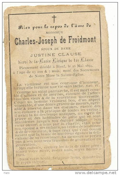 Faire-part De Décès - BIOUL - Charles Joseph De Froidmont - Andere & Zonder Classificatie