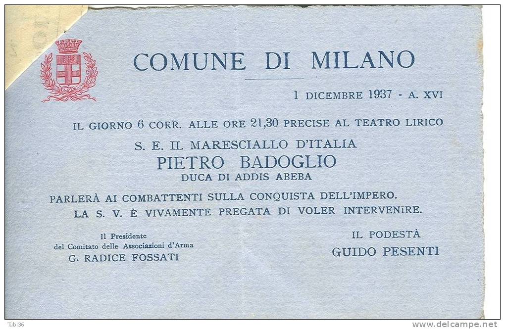 COMUNE DI MILANO - TEATRO LIRICO - 1937 - MARESCIALLO BADOGLIO  PARLERA' AI COMBATTENTI- - Andere & Zonder Classificatie