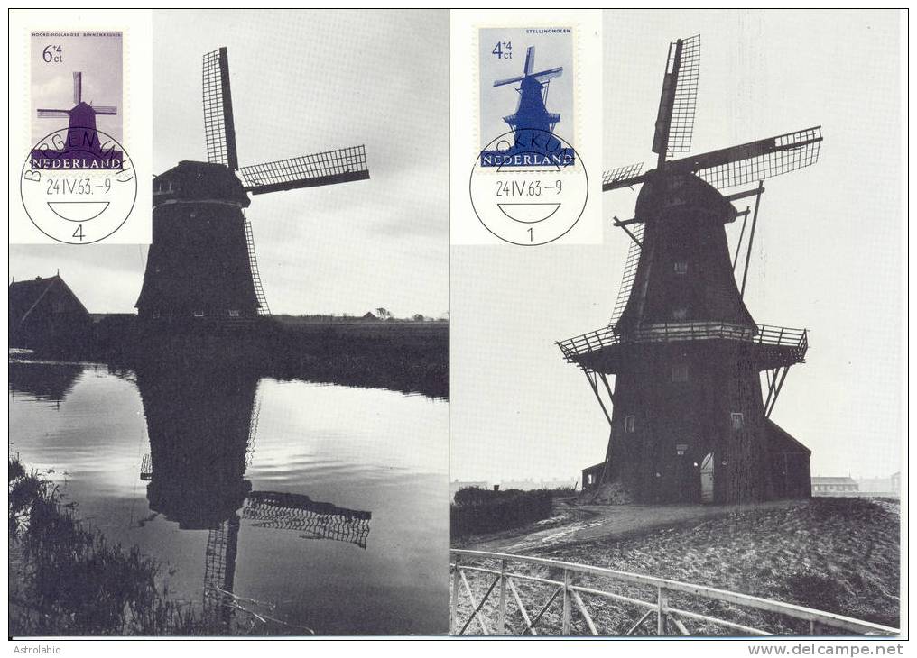 Cartes Maximum (5) Moulins Divers 1963 Pays-Bas Yvert 769/73 Voir 3 Scan - Molens