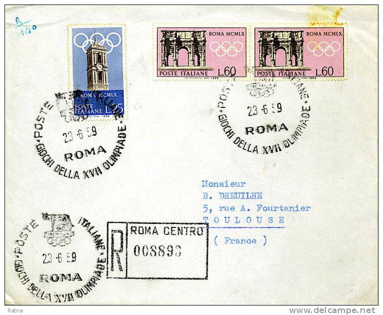 Italie : Lettre Recommandée 1959 Et Obl Pour JO Rome1960 Sport JO XVII Olympiade Louve - Summer 1960: Rome