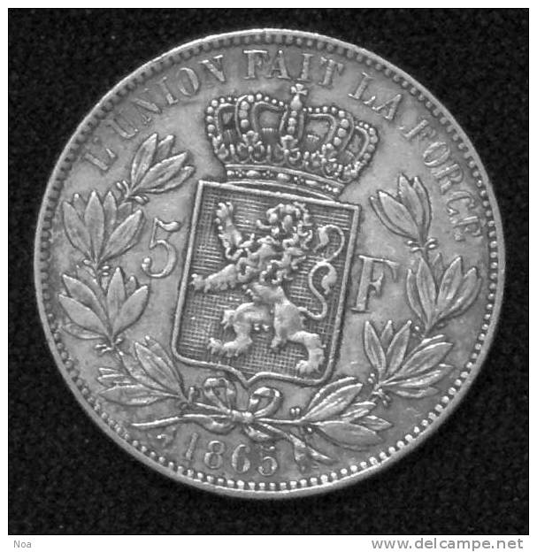 5 Francs - Belgique, Roi Léopold I, 1865  Argent 900, Qualité - SUP - 5 Francs
